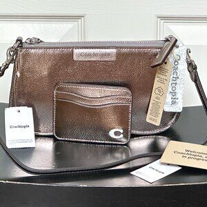 COACH COACHTOPIA WAVY BAGUETTE BAG + WAVY CARD CASE (SET):NWT GUNMETAL METALLIC